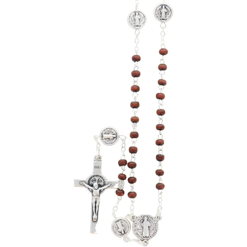 CHAPELET DE SAINT BENOIT PETITES PERLES EN BOIS ET MÉDAILLES - 25CM AVEC BOITE