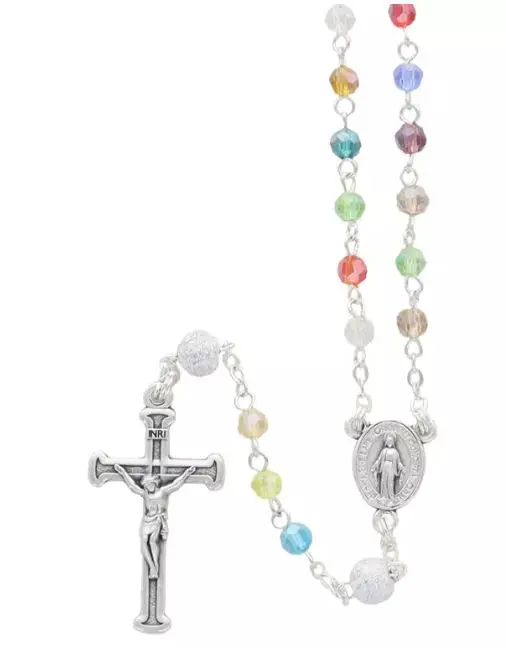 CHAPELET GRAINS CRISTAL MULTICOLORE ET MÉDAILLE MIRACULEUSE EN MEDAILLON + BOITE