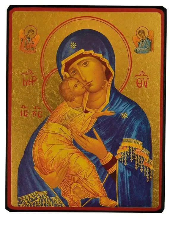 VIERGE DE VLADIMIR BLEUE - ICONE DOREE A LA FEUILLE 12X9,6 CM -