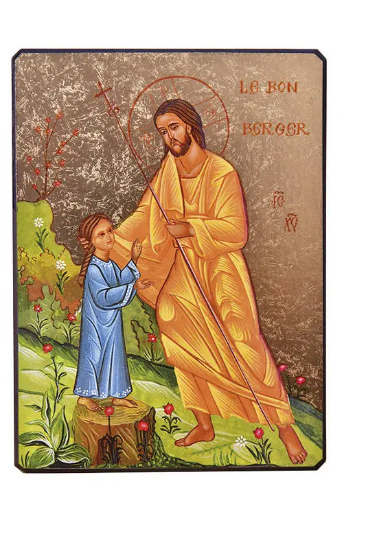 LE BON BERGER CONDUISANT UNE PETITE FILLE - ICONE DOREE A LA FEUILLE 13,3X9,6 CM - 377.63