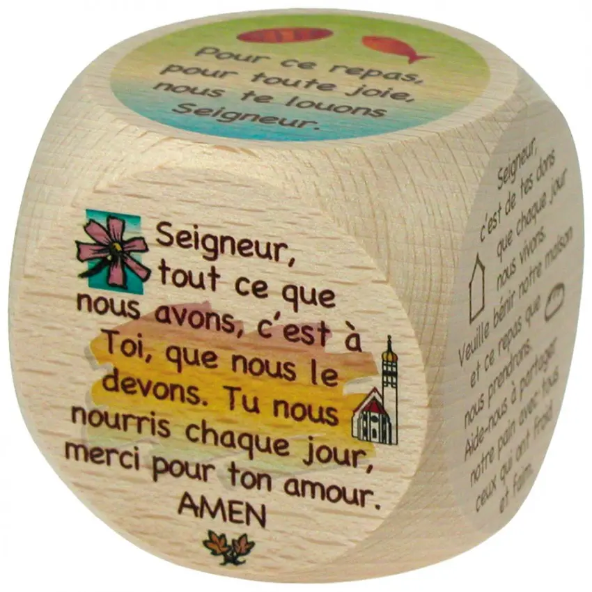 DÉ EN BOIS 6 PRIÈRES REPAS - BÉNÉDICITÉ - GRAND FORMAT