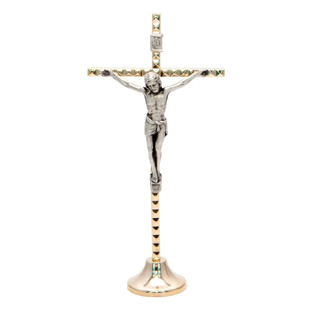 CRUCIFIX SUR SOCLE - FACETTES DORÉES -H.12.5CM
