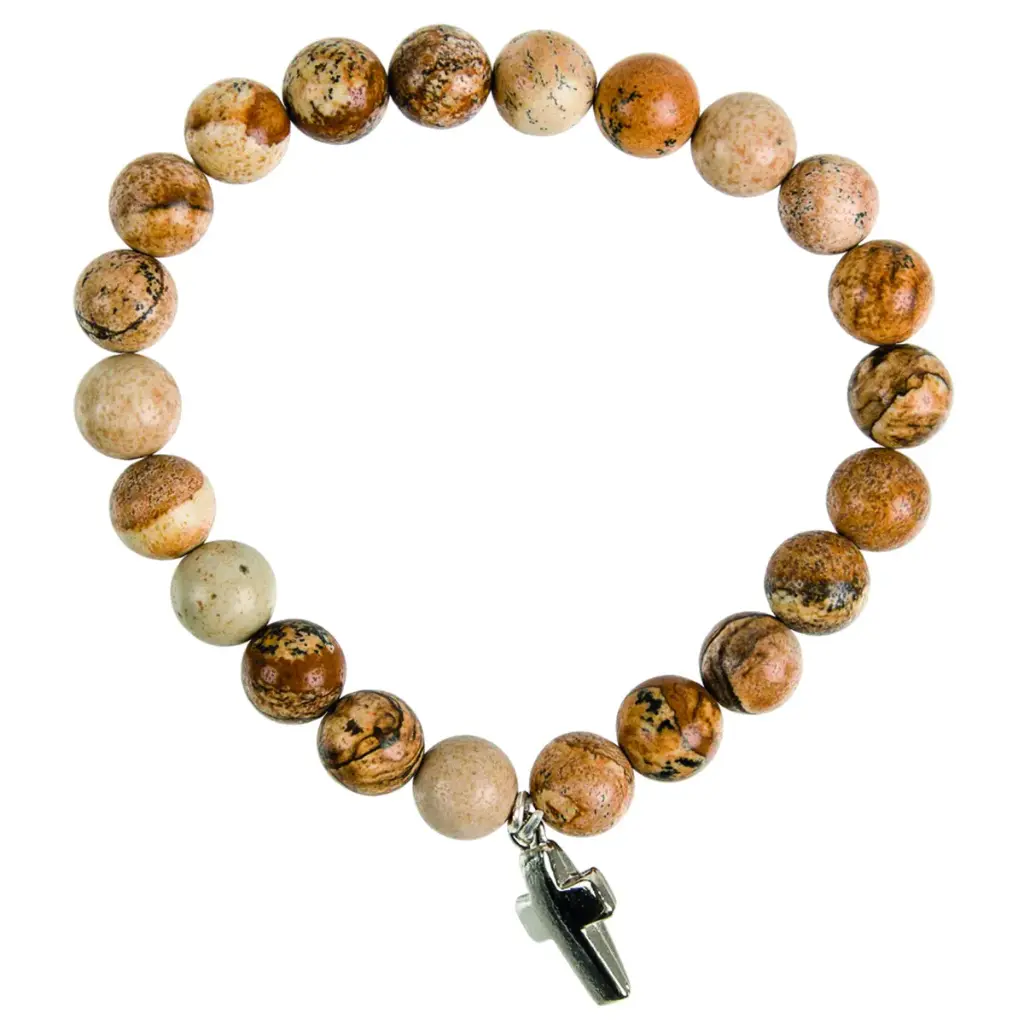 BRACELET PIERRE DE JASPE SUR ELASTIQUE AVEC CROIX