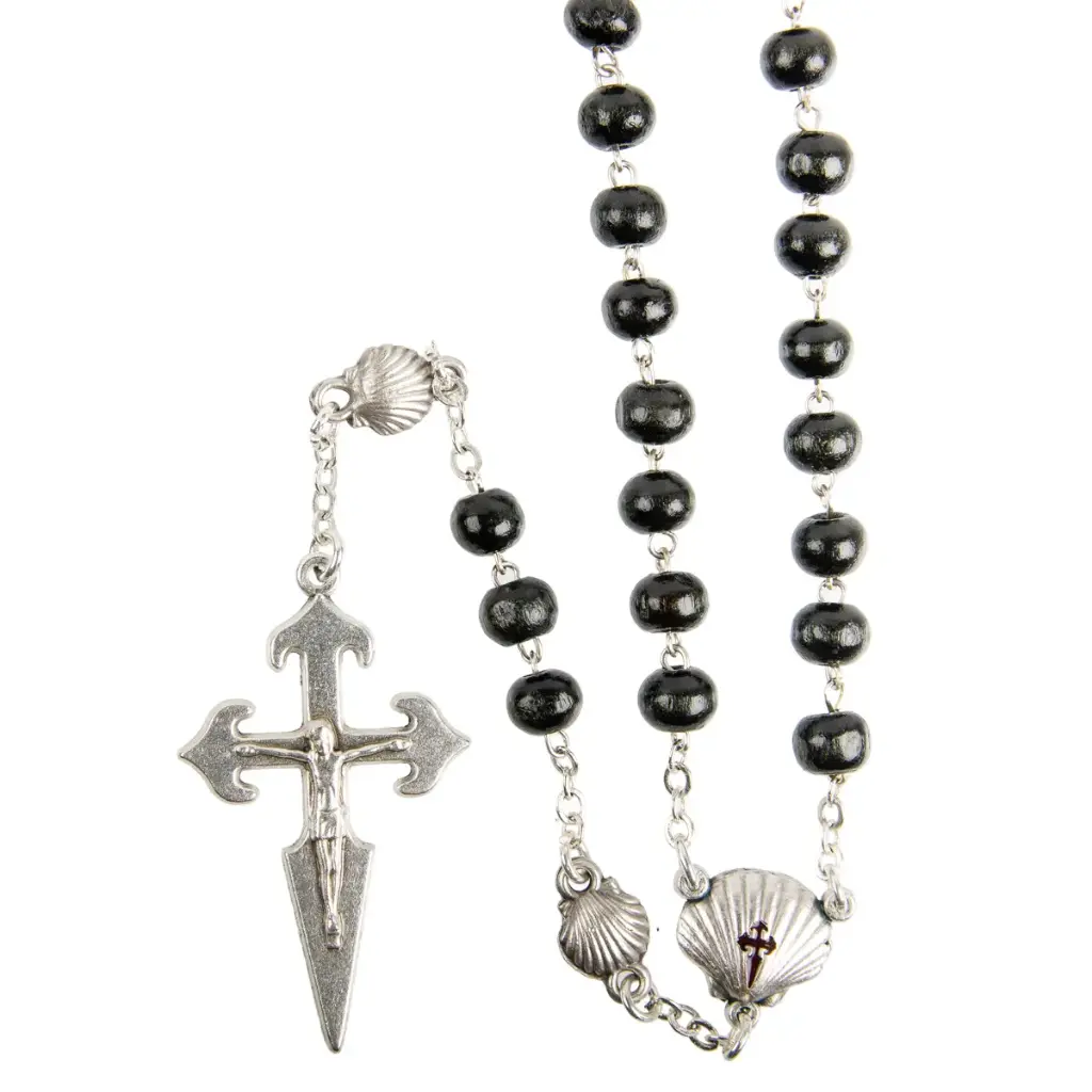 CHAPELET EN BOIS DE SAINT JACQUES, Ø 7 MM, CHAÎNE COULEUR ARGENTÉE, LONGUEUR AU CŒUR 30 CM, CROIX AV