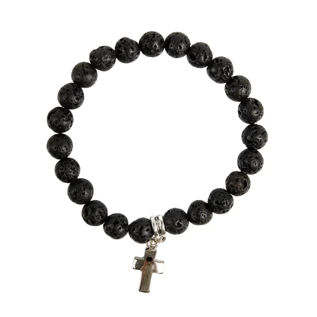 BRACELET PIERRE DE LAVE 2 Ø 10 MM AVEC CROIX