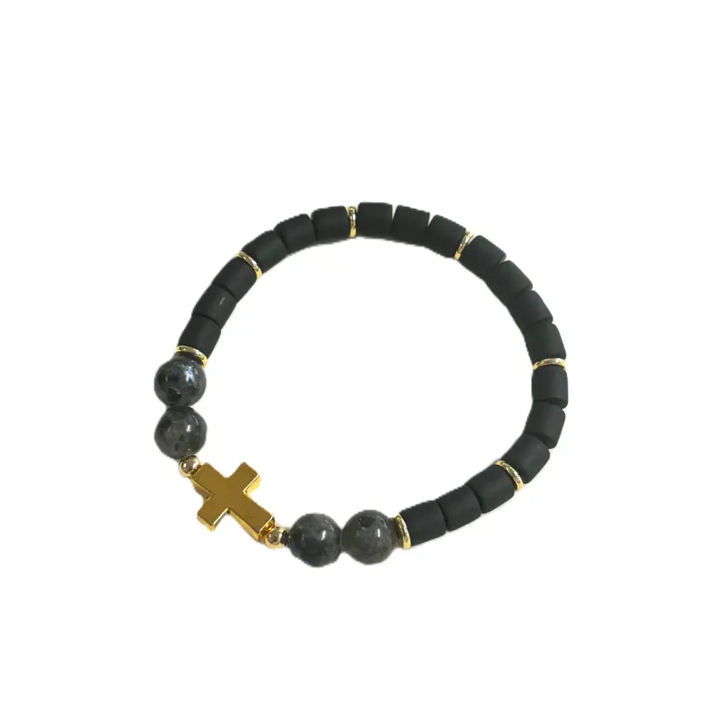 BRACELET LABRADORITE ET PERLES CYLINDRIQUES AVEC CROIX DOREE