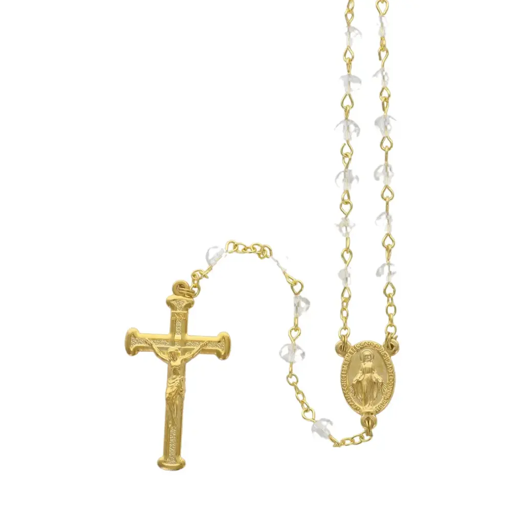 CHAPELET GRAINS EN CRISTAL SUR CHAINE DORÉ. MÉDAILLE MIRACULEUSE