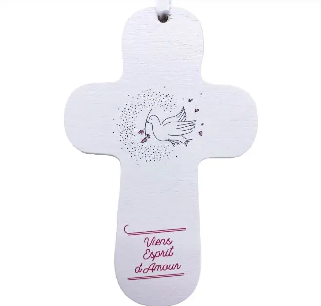 CROIX BLANCHE EN BOIS IMPRIMEE VIENS ESPRIT D'AMOUR - COLOMBE