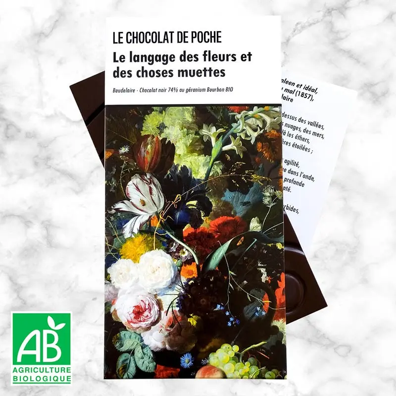 TABLETTE CHOCOLAT "LE LANGAGE DES FLEURS..." NOIR 74% ET GÉRANIUM BOURBON BIO