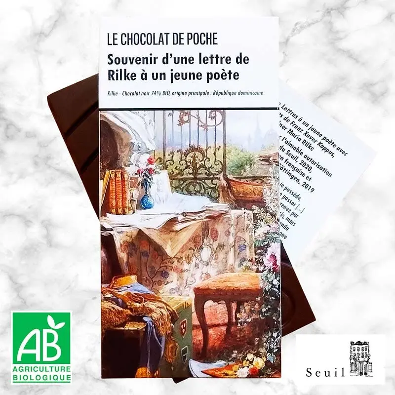 TABLETTE CHOCOLAT NOIR 74% BIO RÉPUBLIQUE DOMINICAINE "SOUVENIR D'UNE LETTRE DE RILKE A UN JEUNE POE
