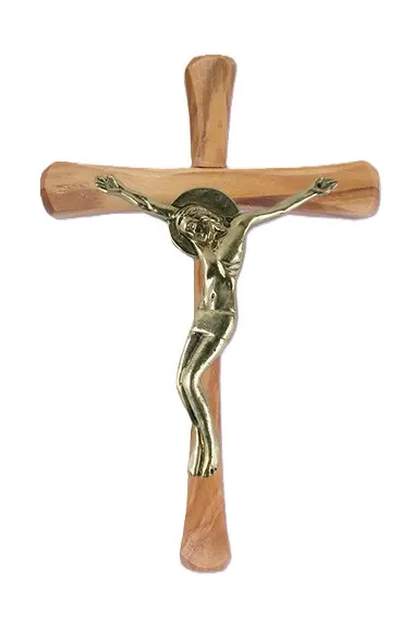 CRUCIFIX BOIS D'OLIVIER ET CHRIST EN BRONZE H.14CM