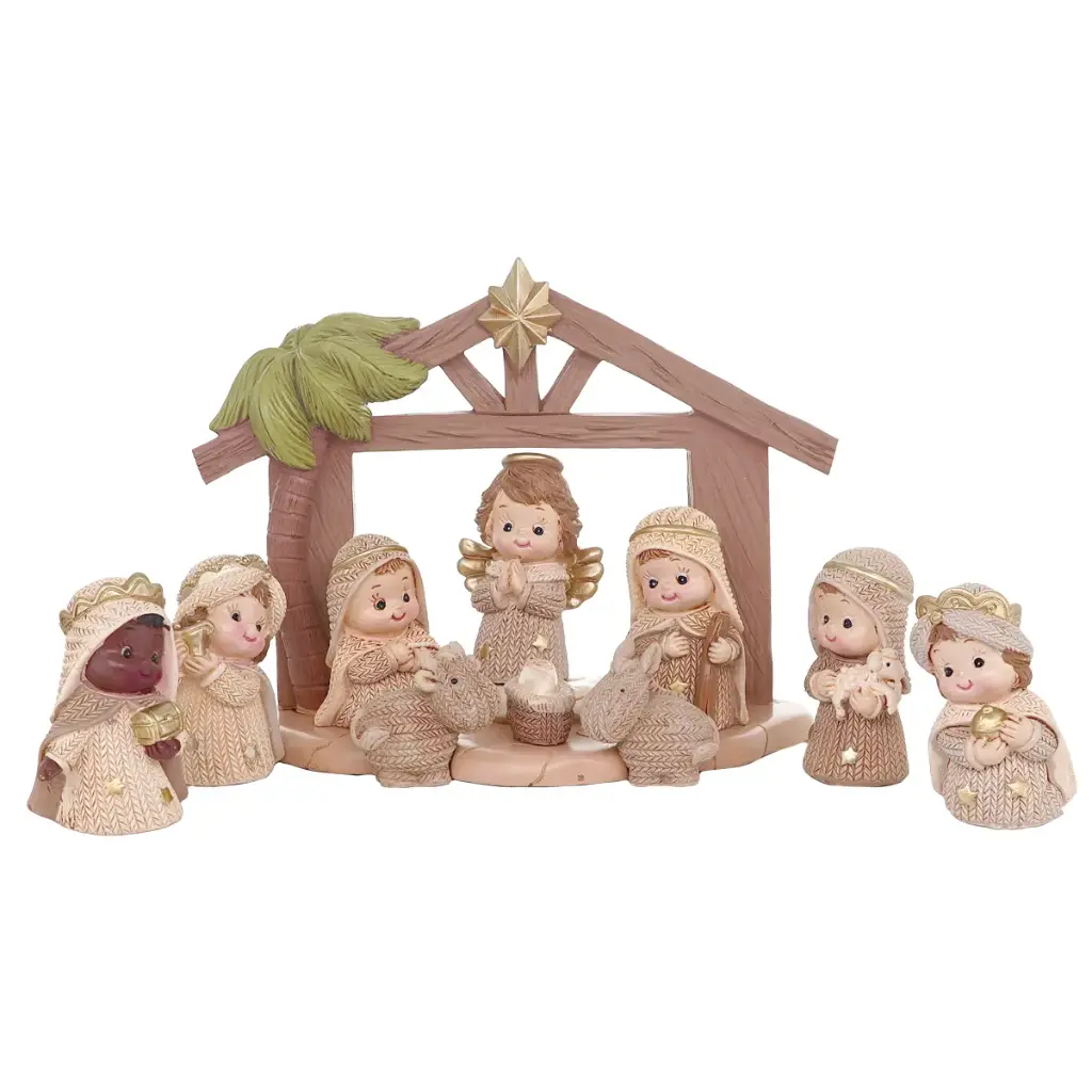CRECHE 10 PERSONNAGES H.5.8CM ET CABANE