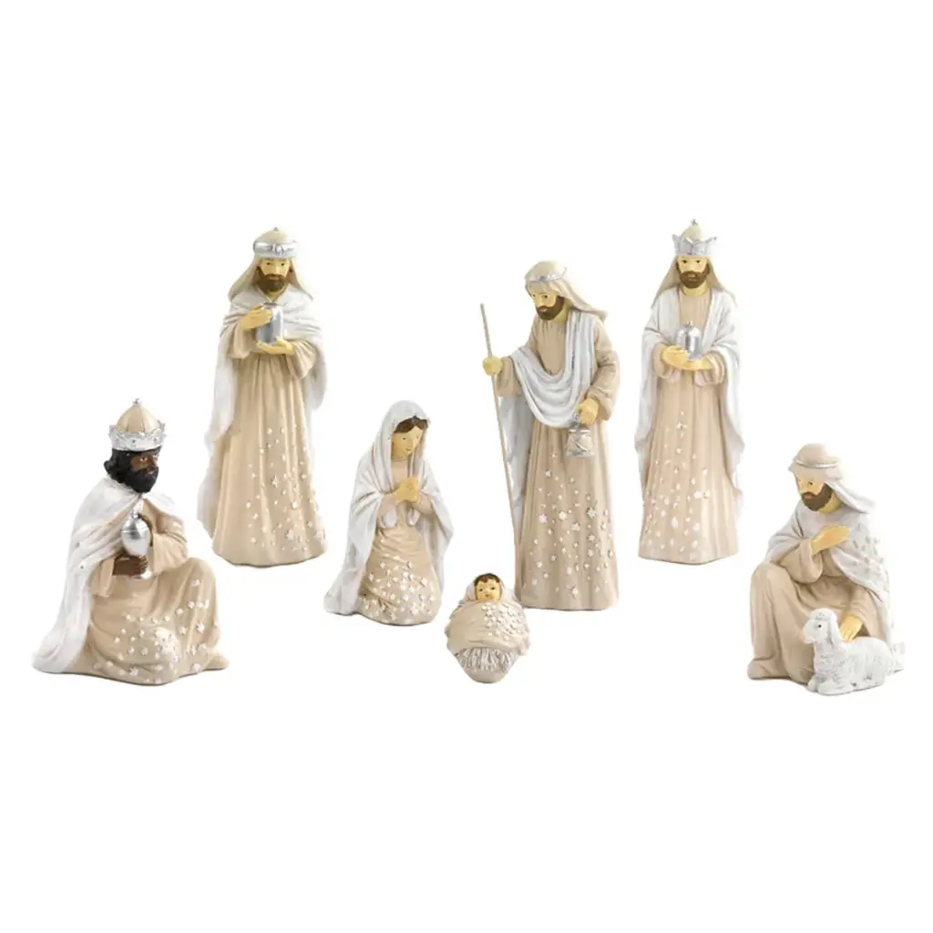 CRÈCHE 7 PERSONNAGES BEIGES ET ÉTOILES H16.80CM