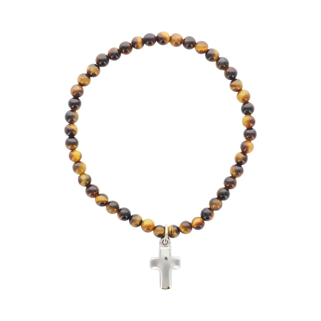BRACELET ELASTIQUE GRAINS OEIL DE TIGRE CROIX METAL