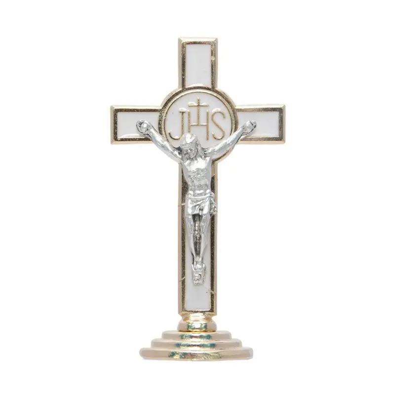 CRUCIFIX SUR SOCLE BLANC ET DORE 8CM