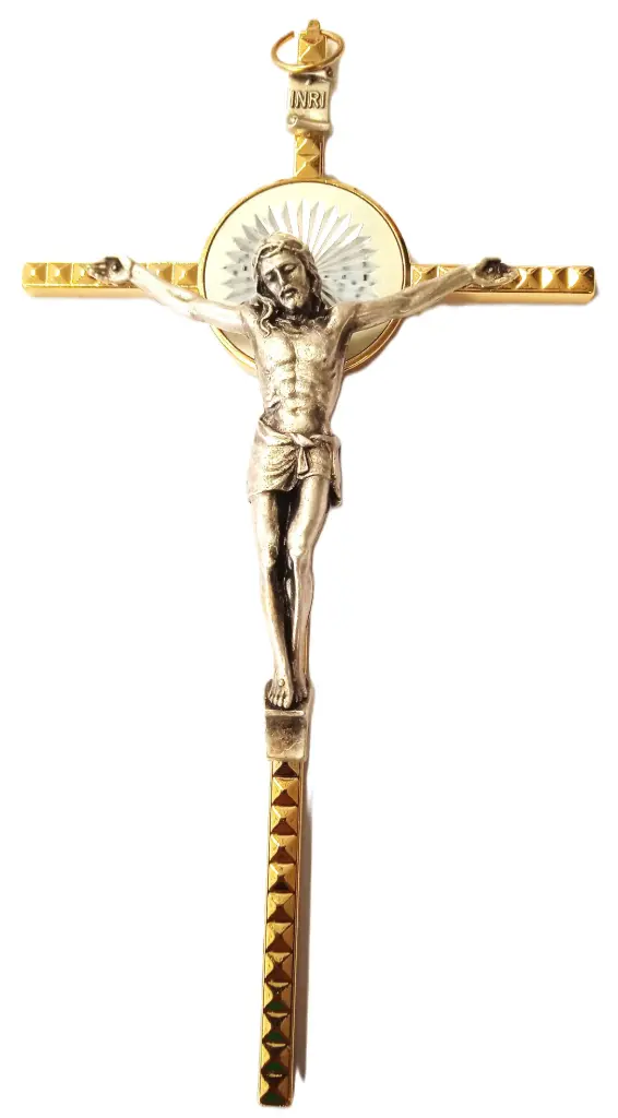 CRUCIFIX DORE FACETTES ET RAYONS H. 16 CM