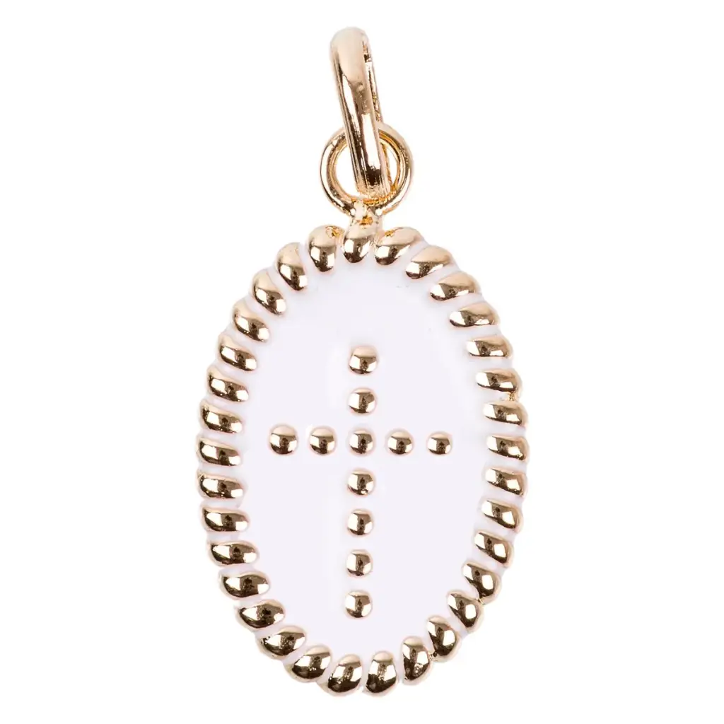MÉDAILLE OVALE CROIX PLAQUÉE OR ÉMAILLÉE BLANC