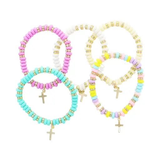 [1000000007428] BRACELET TURQUOISE SUR ÉLASTIQUE AVEC PETITE CROIX