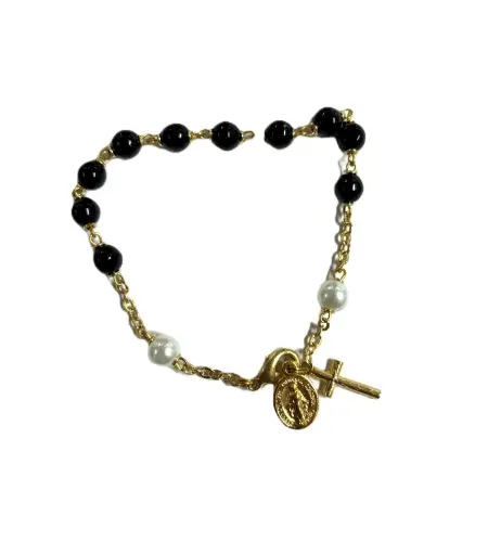 [131N] BRACELET DIZAINIER NOIR AVEC MEDAILLE MIRACULEUSE ET CROIX
