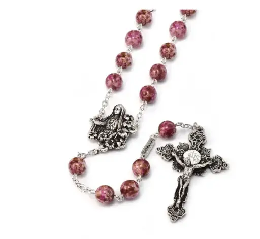 [140113C] FATIMA LILY MARBLED BOHEMIAN GLASS AND SILVER ROSARY