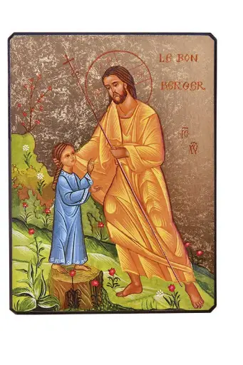 [3700284894971] LE BON BERGER CONDUISANT UNE PETITE FILLE - ICONE DOREE A LA FEUILLE 13,3X9,6 CM - 377.63