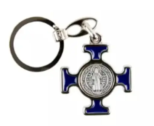 [3700344804575] PORTE-CLÉ CROIX SAINT BENOIT ÉMAILLE BLEU 4CM