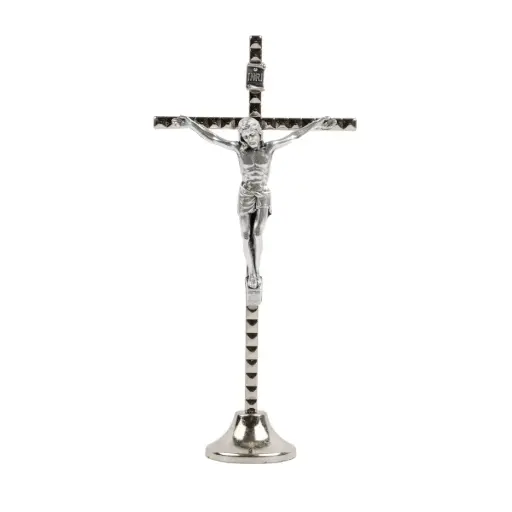 [3700344809501] CRUCIFIX SUR SOCLE - FACETTES ARGENTÉES - H12.5CM