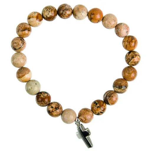 [3700344889633] BRACELET PIERRE DE JASPE SUR ÉLASTIQUE AVEC CROIX