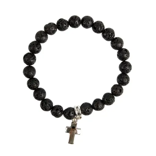 [3700344928646] BRACELET PIERRE DE LAVE 2 Ø 10 MM AVEC CROIX