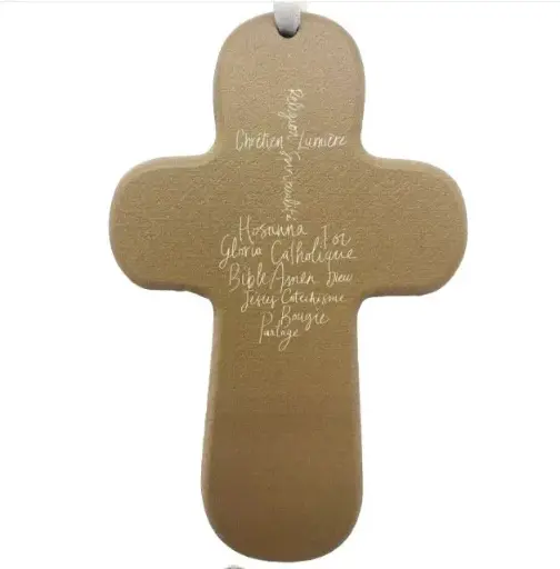 [3760130786928] CROIX BOIS IMPRIMÉE - MOTS EXVOTO H15CM