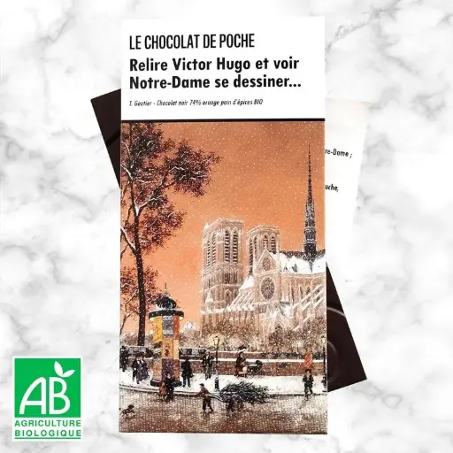 [3770008914155] TABLETTE "RELIRE VICTOR HUGO..." NOIR 74% ORANGE PAIN D'ÉPICES BIO