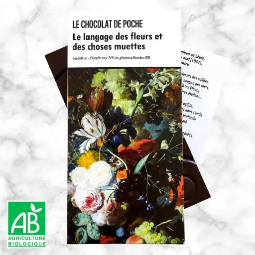 [3770008914223] TABLETTE CHOCOLAT "LE LANGAGE DES FLEURS..." NOIR 74% ET GERANIUM BOURBON BIO