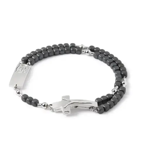 [910009L] ROSALET® SQUARE MATTE HÉMATITE BEADS, STERLING SILVER & ROUND PATER, MODERN