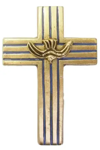 [ACM307COL] CROIX EN BRONZE LINÉAIRE BLEU AVEC COLOMBE ESPRIT SAINT H.11CM