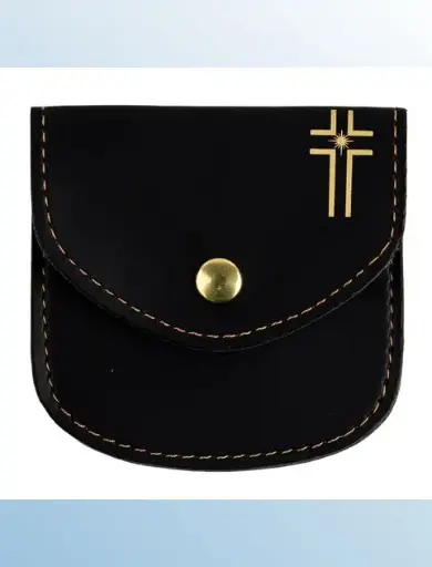 [1000000001501] POCHETTE À CHAPELET EN CUIR NOIR , CROIX COULEUR OR H. 8 X 8 CM,