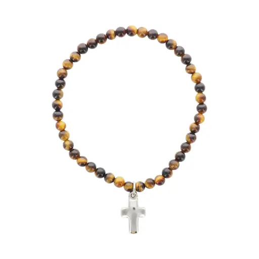 [1000000003345] BRACELET ÉLASTIQUE GRAINS OEIL DE TIGRE CROIX MÉTAL