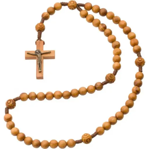 [1000000003765] CHAPELET BOIS D'OLIVIER- PERLES SCULPLTÉES - TEINTE CLAIRE