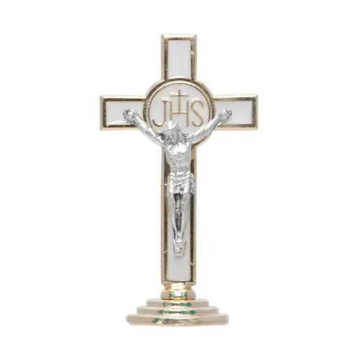 [1000000004175] CRUCIFIX SUR SOCLE BLANC ET DORE 8CM