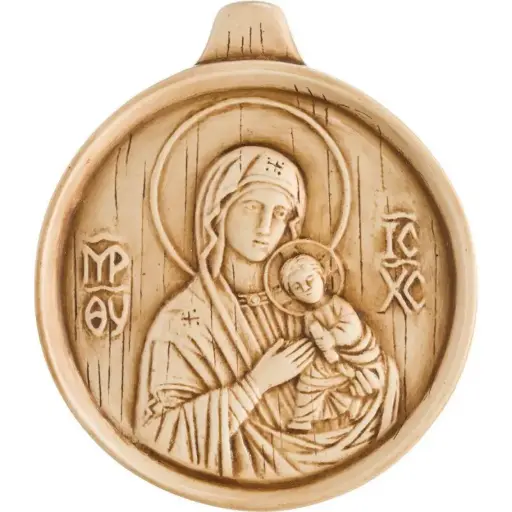 [1000000004199] MEDAILLON EN PIERRE DOLOMIE - VIERGE A L'ENFANT 3CM DIAMETRE