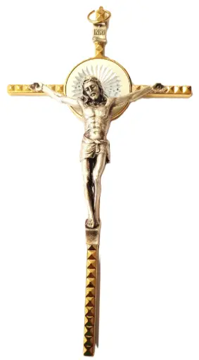 [1000000005899] CRUCIFIX DORÉ FACETTES ET RAYONS H. 16 CM