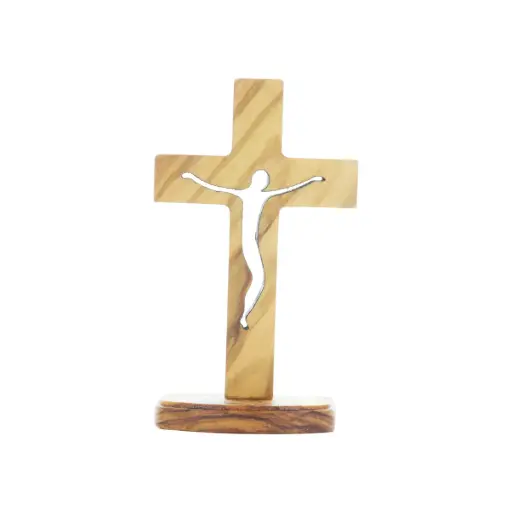 [1000000006414] CRUCIFIX BOIS D'OLIVIER - CHRIST EVIDE SUR SOCLE 9CM