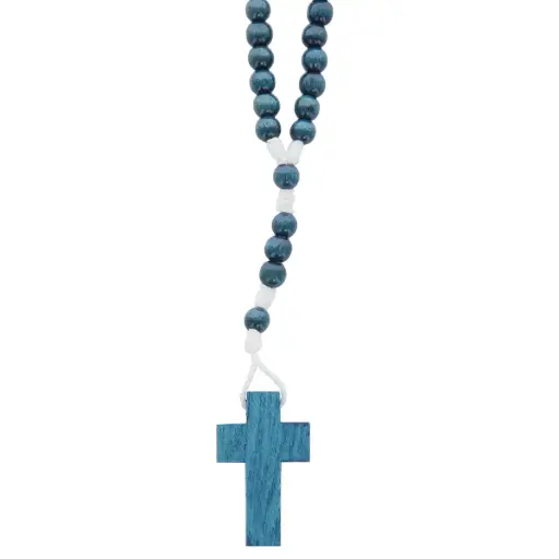 [1000000006544] CHAPELET EN BOIS-BLEU CANARD SUR CORDE 18CM